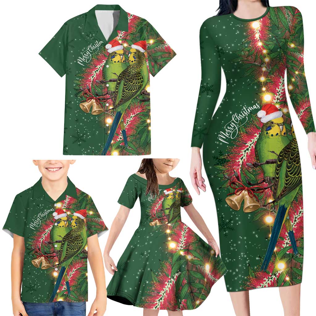 Green Budgerigars on Callistemon Family Matching Long Sleeve Bodycon Dress and Hawaiian Shirt Merry Christmas Aussie - Aussie Hoodie