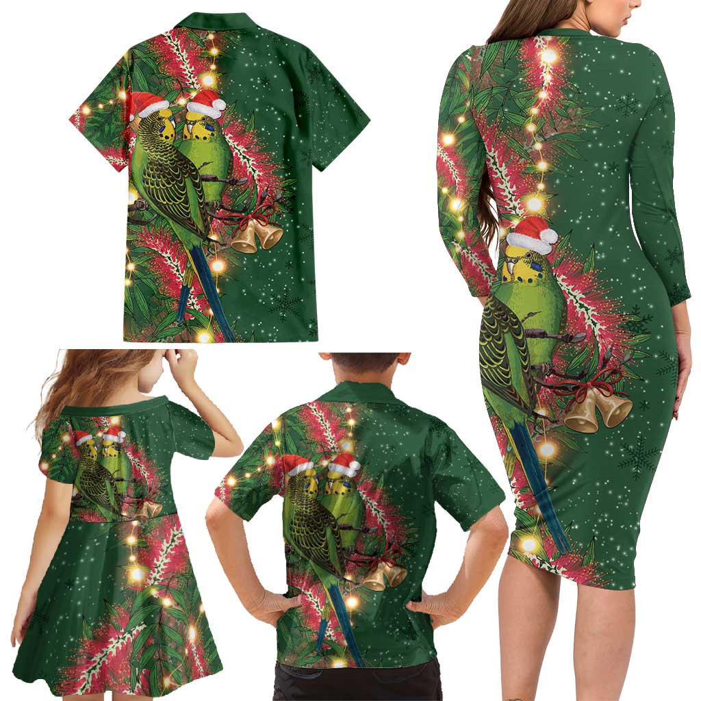 Green Budgerigars on Callistemon Family Matching Long Sleeve Bodycon Dress and Hawaiian Shirt Merry Christmas Aussie - Aussie Hoodie