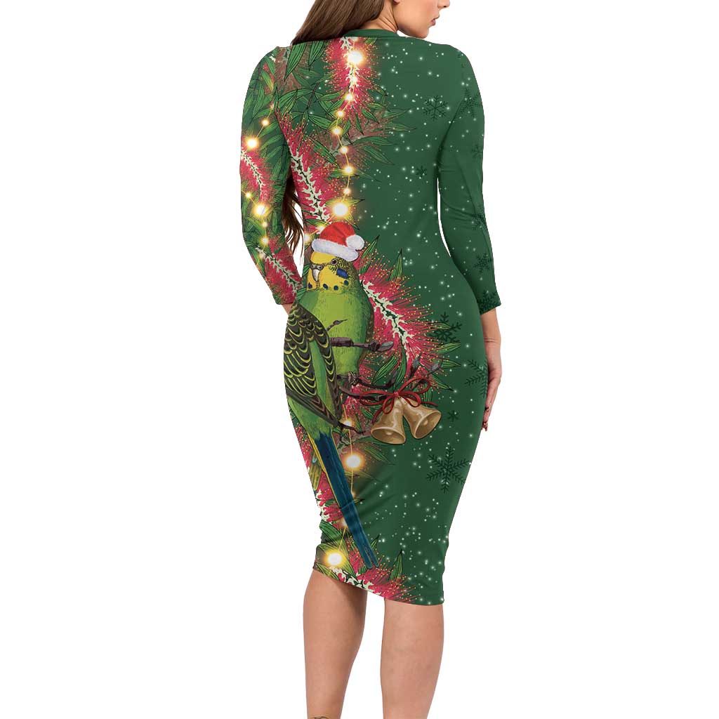 Green Budgerigars on Callistemon Family Matching Long Sleeve Bodycon Dress and Hawaiian Shirt Merry Christmas Aussie - Aussie Hoodie