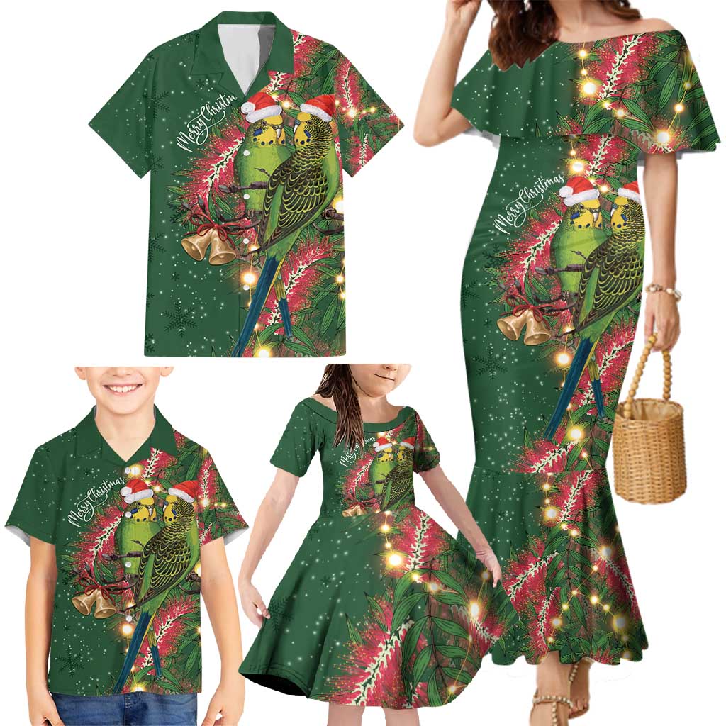 Green Budgerigars on Callistemon Family Matching Mermaid Dress and Hawaiian Shirt Merry Christmas Aussie - Aussie Hoodie
