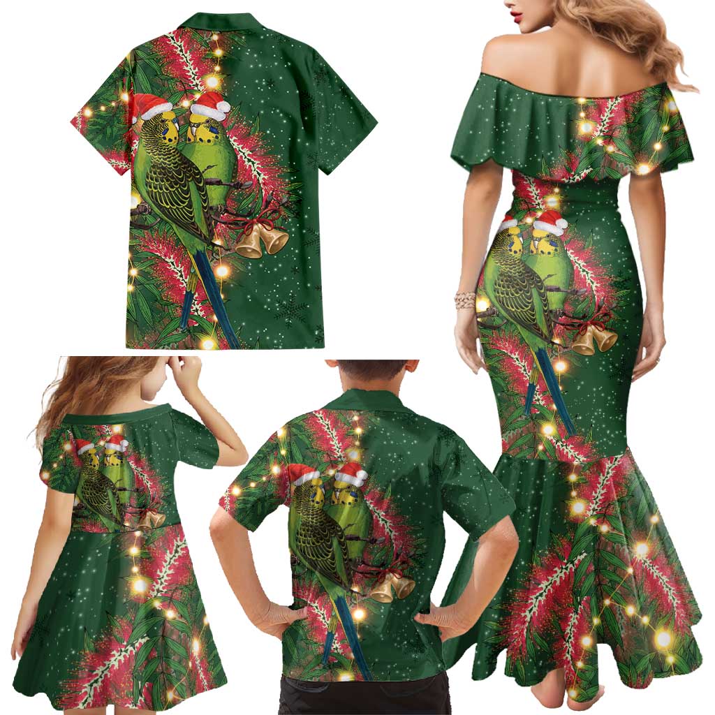 Green Budgerigars on Callistemon Family Matching Mermaid Dress and Hawaiian Shirt Merry Christmas Aussie - Aussie Hoodie