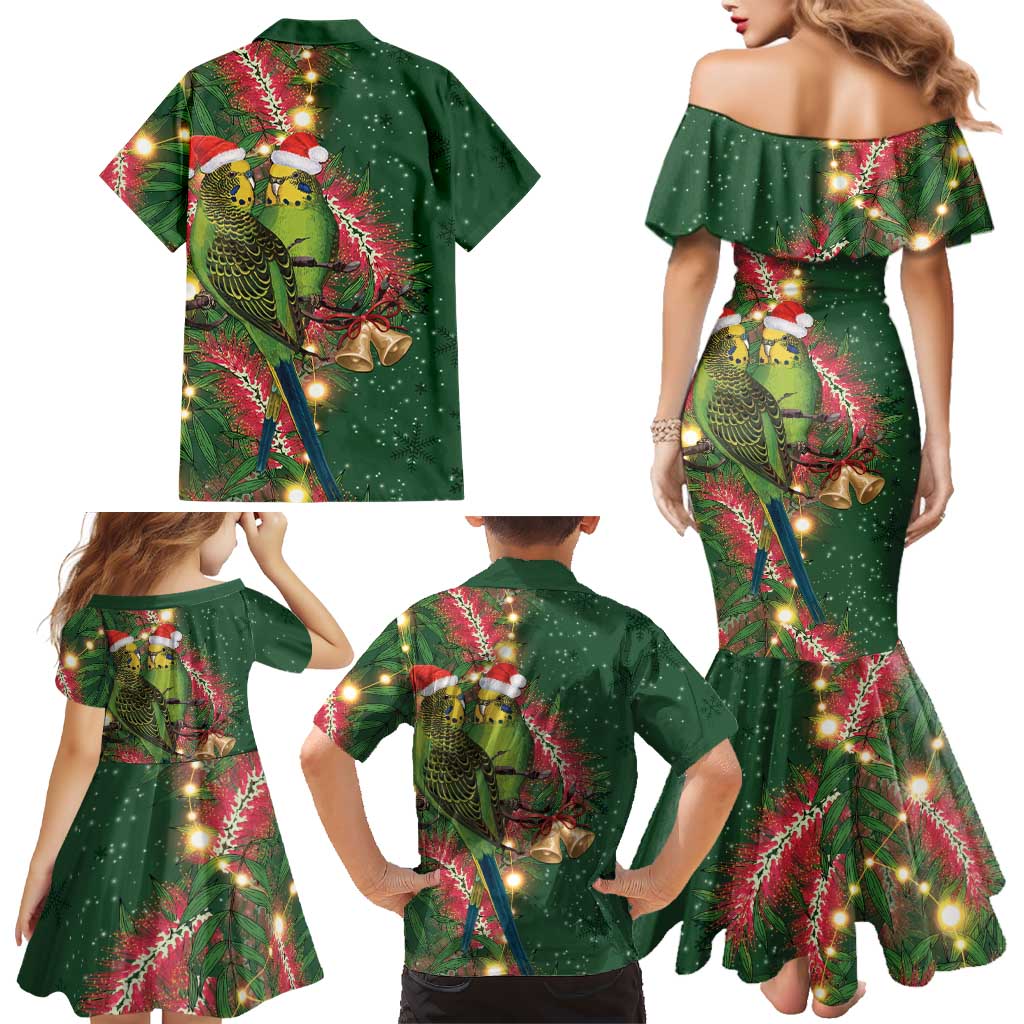 Green Budgerigars on Callistemon Family Matching Mermaid Dress and Hawaiian Shirt Merry Christmas Aussie - Aussie Hoodie