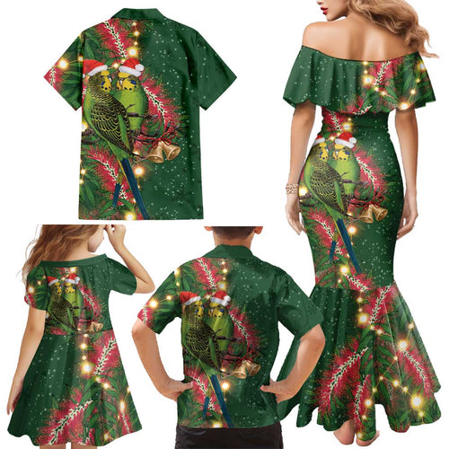 Green Budgerigars on Callistemon Family Matching Mermaid Dress and Hawaiian Shirt Merry Christmas Aussie - Aussie Hoodie