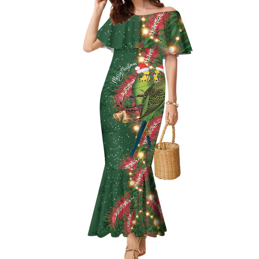 Green Budgerigars on Callistemon Family Matching Mermaid Dress and Hawaiian Shirt Merry Christmas Aussie - Aussie Hoodie