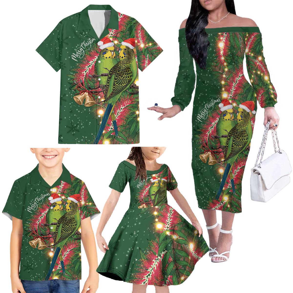 Green Budgerigars on Callistemon Family Matching Off The Shoulder Long Sleeve Dress and Hawaiian Shirt Merry Christmas Aussie - Aussie Hoodie
