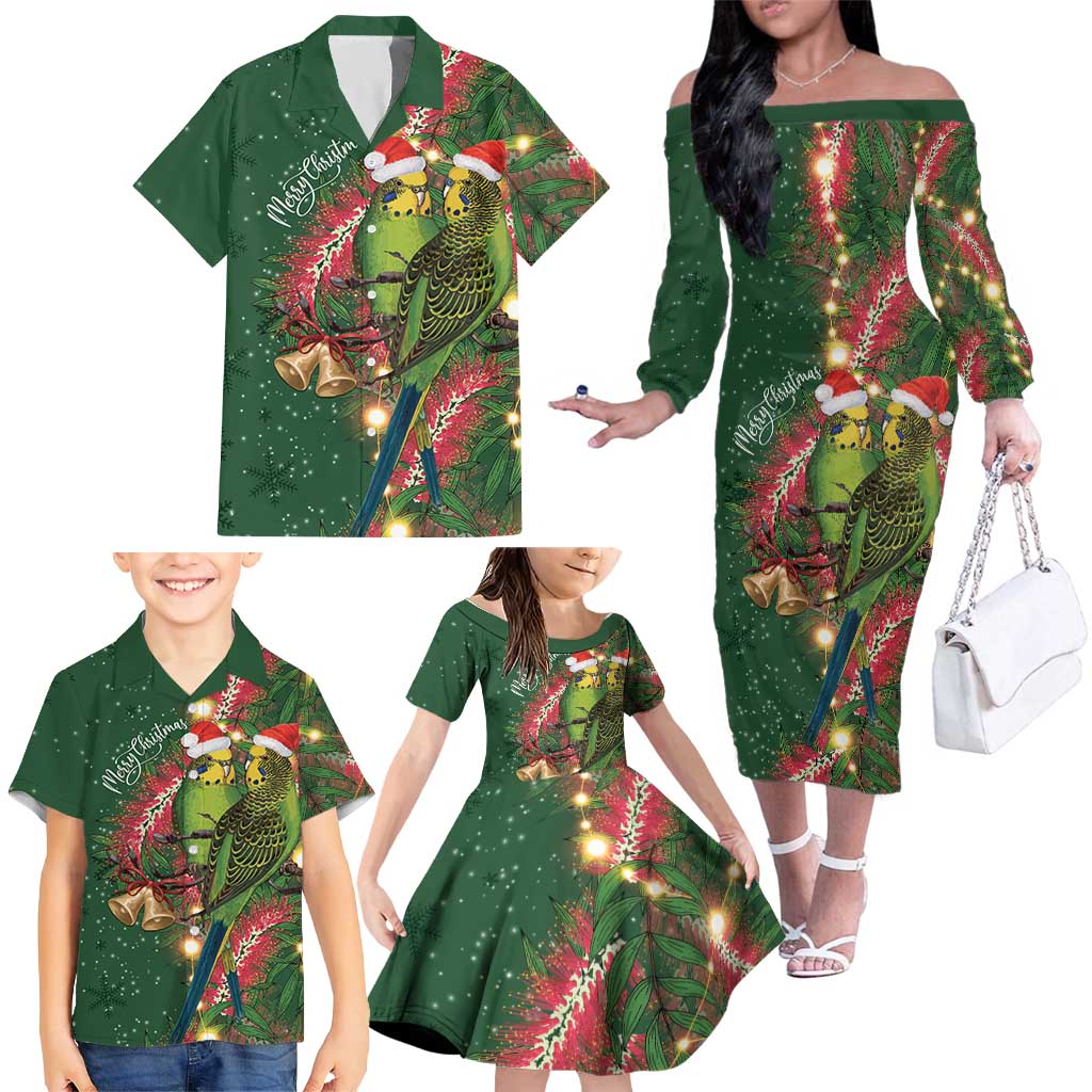 Green Budgerigars on Callistemon Family Matching Off The Shoulder Long Sleeve Dress and Hawaiian Shirt Merry Christmas Aussie - Aussie Hoodie