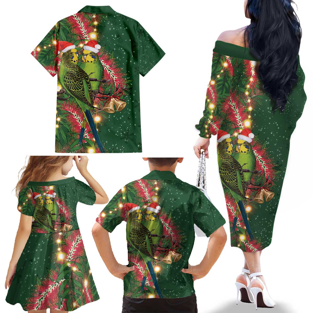 Green Budgerigars on Callistemon Family Matching Off The Shoulder Long Sleeve Dress and Hawaiian Shirt Merry Christmas Aussie - Aussie Hoodie