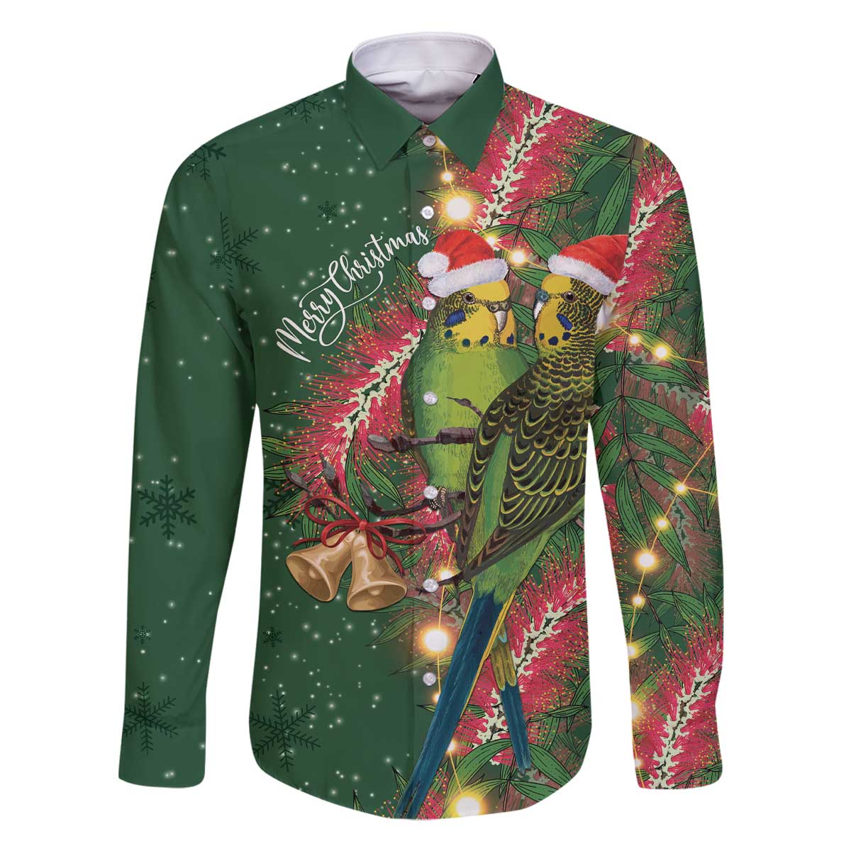 Green Budgerigars on Callistemon Family Matching Off The Shoulder Long Sleeve Dress and Hawaiian Shirt Merry Christmas Aussie - Aussie Hoodie