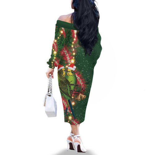 Green Budgerigars on Callistemon Family Matching Off The Shoulder Long Sleeve Dress and Hawaiian Shirt Merry Christmas Aussie - Aussie Hoodie