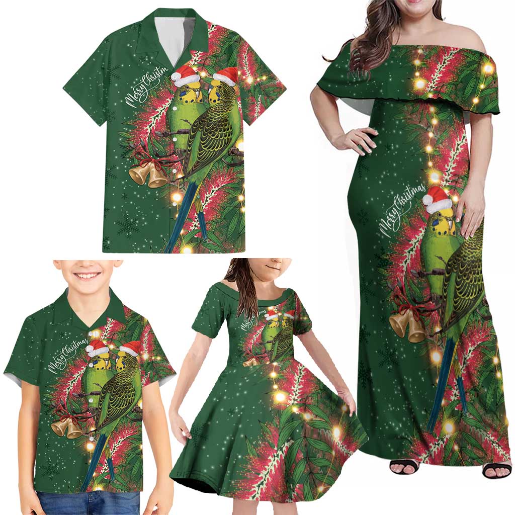 Green Budgerigars on Callistemon Family Matching Off Shoulder Maxi Dress and Hawaiian Shirt Merry Christmas Aussie - Aussie Hoodie