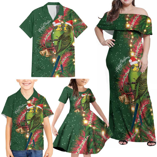 Green Budgerigars on Callistemon Family Matching Off Shoulder Maxi Dress and Hawaiian Shirt Merry Christmas Aussie - Aussie Hoodie