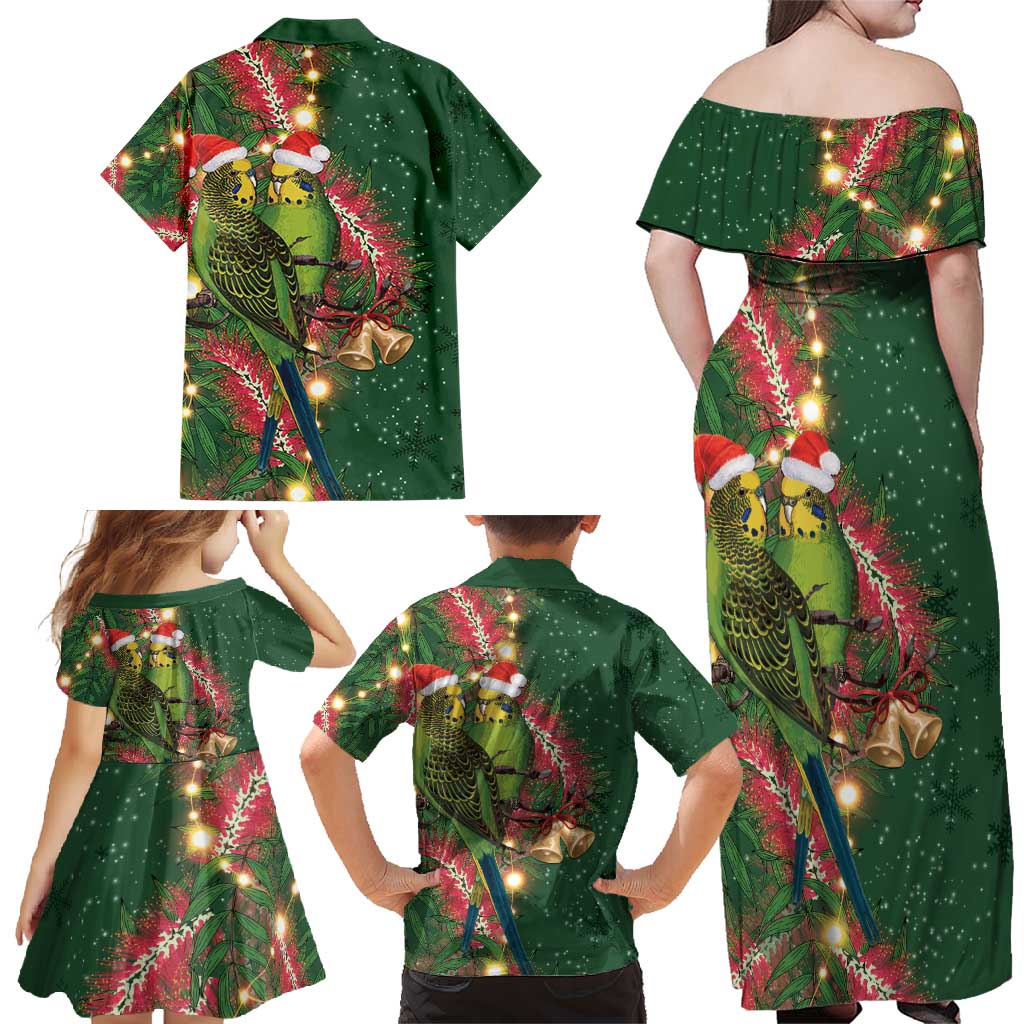 Green Budgerigars on Callistemon Family Matching Off Shoulder Maxi Dress and Hawaiian Shirt Merry Christmas Aussie - Aussie Hoodie