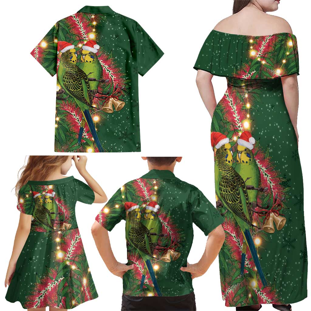 Green Budgerigars on Callistemon Family Matching Off Shoulder Maxi Dress and Hawaiian Shirt Merry Christmas Aussie - Aussie Hoodie