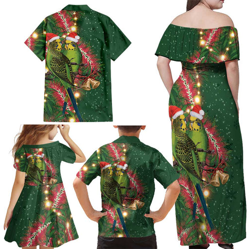 Green Budgerigars on Callistemon Family Matching Off Shoulder Maxi Dress and Hawaiian Shirt Merry Christmas Aussie - Aussie Hoodie