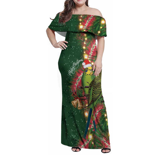 Green Budgerigars on Callistemon Family Matching Off Shoulder Maxi Dress and Hawaiian Shirt Merry Christmas Aussie - Aussie Hoodie