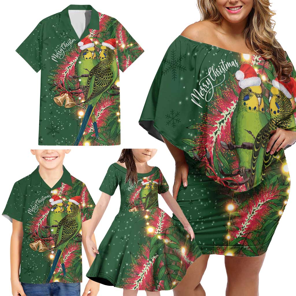 Green Budgerigars on Callistemon Family Matching Off Shoulder Short Dress and Hawaiian Shirt Merry Christmas Aussie - Aussie Hoodie