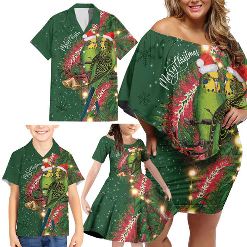 Green Budgerigars on Callistemon Family Matching Off Shoulder Short Dress and Hawaiian Shirt Merry Christmas Aussie - Aussie Hoodie