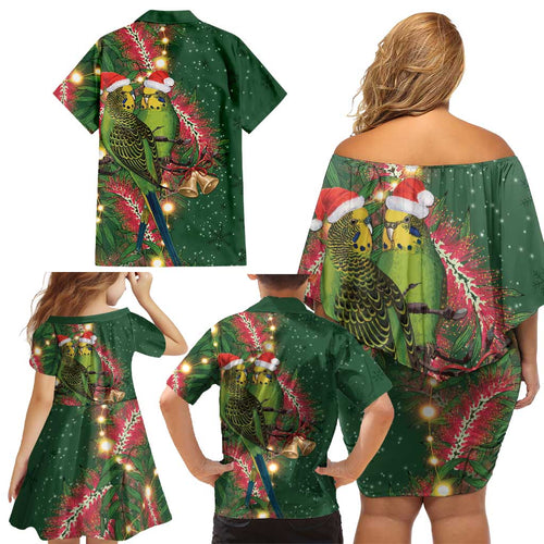 Green Budgerigars on Callistemon Family Matching Off Shoulder Short Dress and Hawaiian Shirt Merry Christmas Aussie - Aussie Hoodie