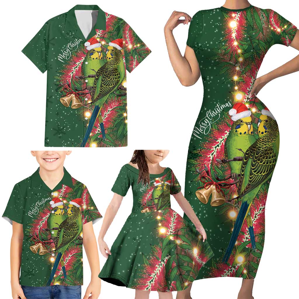 Green Budgerigars on Callistemon Family Matching Short Sleeve Bodycon Dress and Hawaiian Shirt Merry Christmas Aussie - Aussie Hoodie