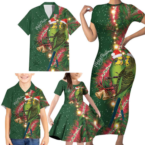 Green Budgerigars on Callistemon Family Matching Short Sleeve Bodycon Dress and Hawaiian Shirt Merry Christmas Aussie - Aussie Hoodie