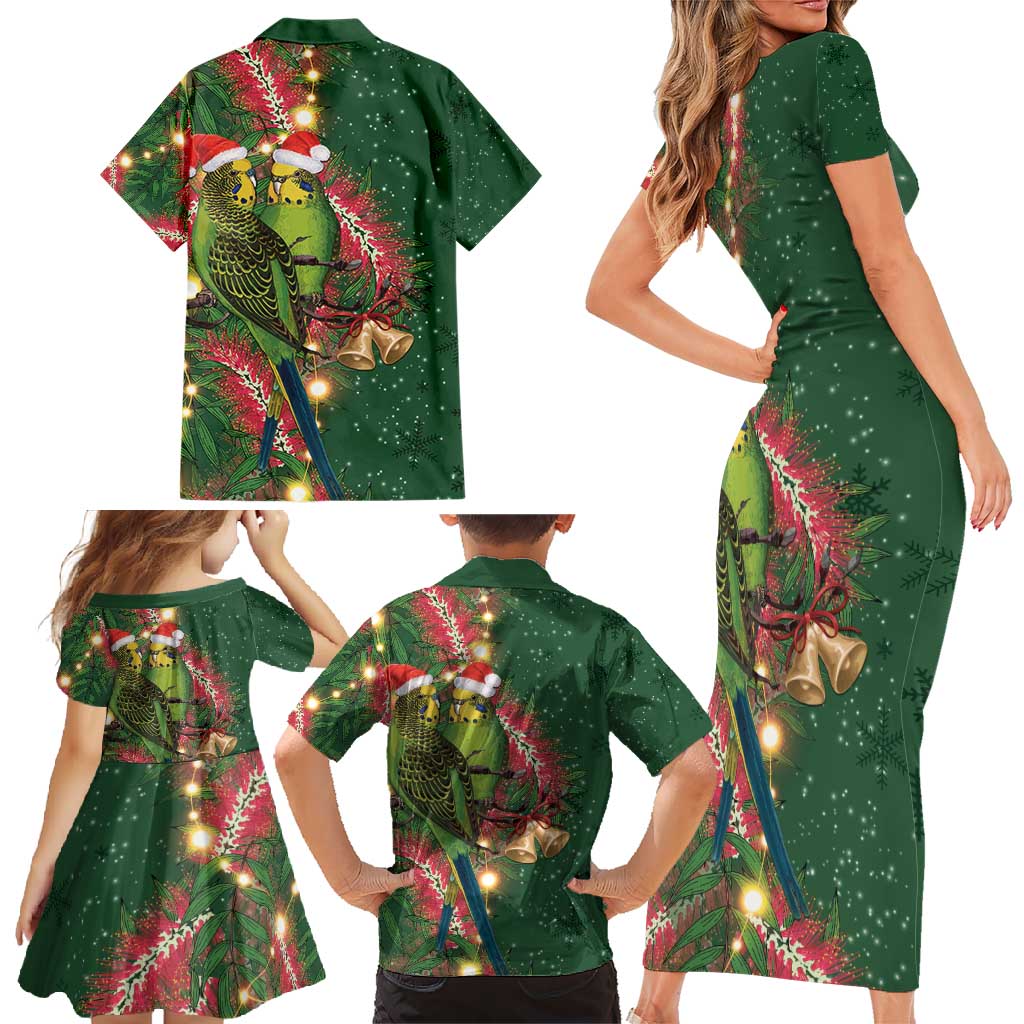 Green Budgerigars on Callistemon Family Matching Short Sleeve Bodycon Dress and Hawaiian Shirt Merry Christmas Aussie - Aussie Hoodie