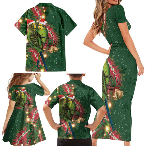 Green Budgerigars on Callistemon Family Matching Short Sleeve Bodycon Dress and Hawaiian Shirt Merry Christmas Aussie - Aussie Hoodie