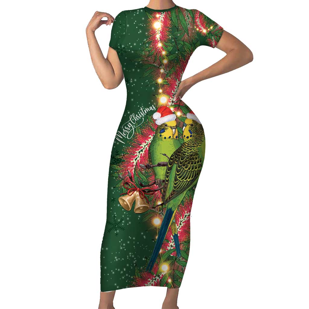 Green Budgerigars on Callistemon Family Matching Short Sleeve Bodycon Dress and Hawaiian Shirt Merry Christmas Aussie - Aussie Hoodie
