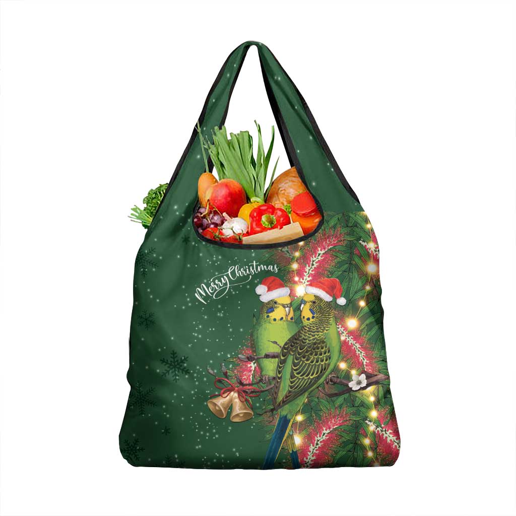 Green Budgerigars on Callistemon Grocery Bag Merry Christmas Aussie - Aussie Hoodie