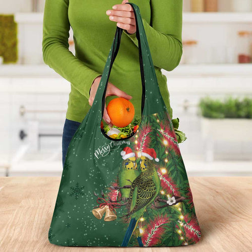 Green Budgerigars on Callistemon Grocery Bag Merry Christmas Aussie - Aussie Hoodie