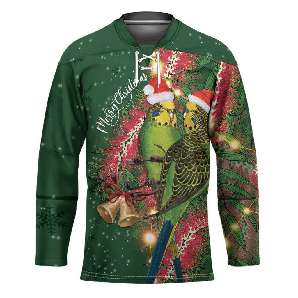 Green Budgerigars on Callistemon Hockey Jersey Merry Christmas Aussie - Aussie Hoodie