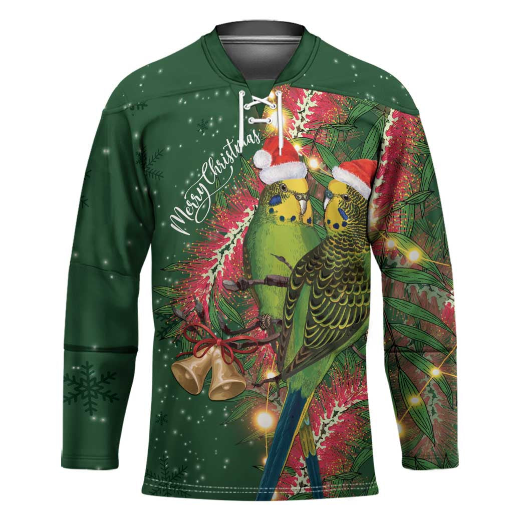 Green Budgerigars on Callistemon Hockey Jersey Merry Christmas Aussie - Aussie Hoodie