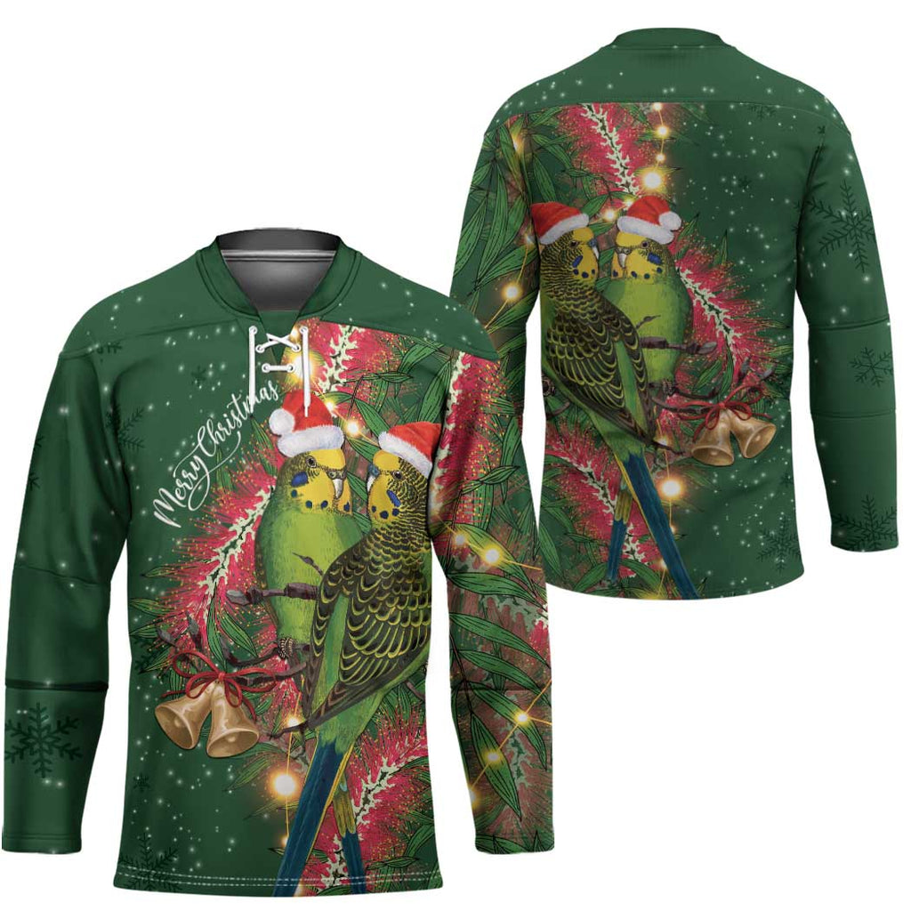 Green Budgerigars on Callistemon Hockey Jersey Merry Christmas Aussie - Aussie Hoodie