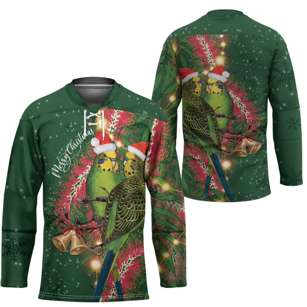 Green Budgerigars on Callistemon Hockey Jersey Merry Christmas Aussie - Aussie Hoodie
