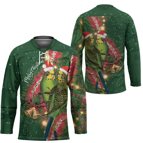 Green Budgerigars on Callistemon Hockey Jersey Merry Christmas Aussie - Aussie Hoodie