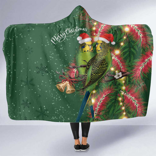 Green Budgerigars on Callistemon Hooded Blanket Merry Christmas Aussie - Aussie Hoodie