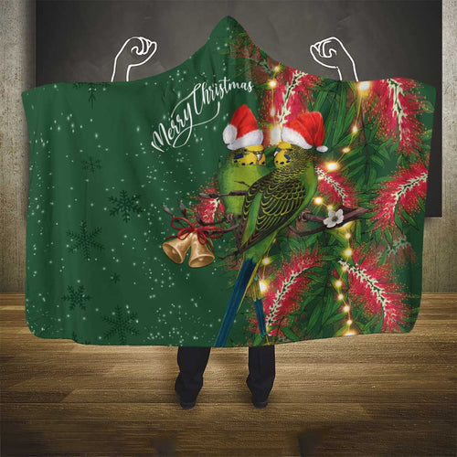 Green Budgerigars on Callistemon Hooded Blanket Merry Christmas Aussie - Aussie Hoodie