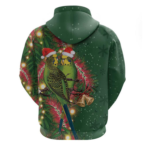Green Budgerigars on Callistemon Hoodie Merry Christmas Aussie - Aussie Hoodie