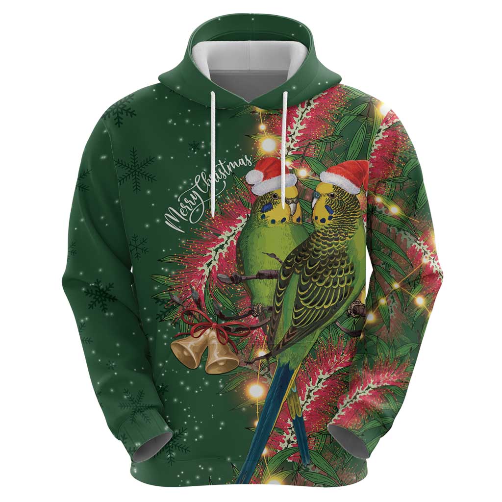 Green Budgerigars on Callistemon Hoodie Merry Christmas Aussie - Aussie Hoodie