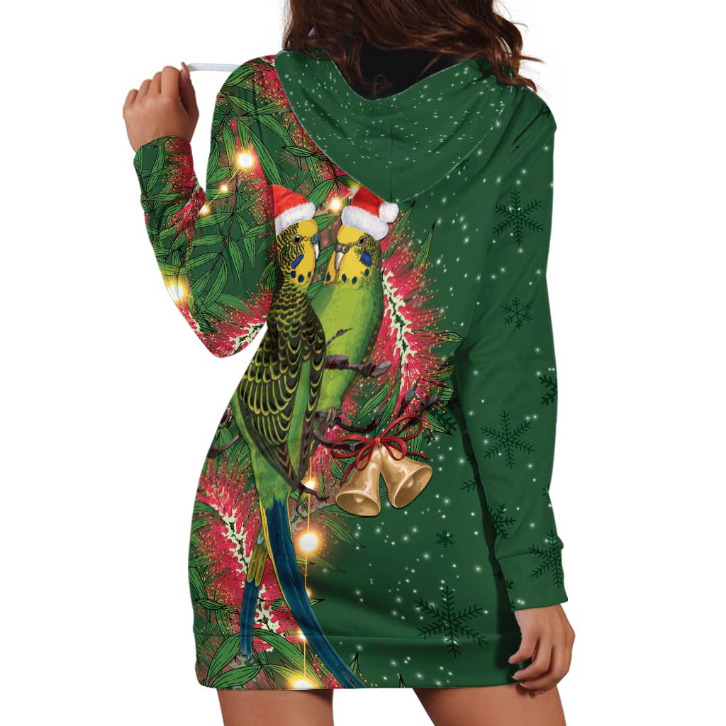 Green Budgerigars on Callistemon Hoodie Dress Merry Christmas Aussie - Aussie Hoodie