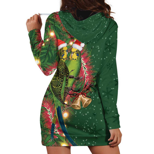 Green Budgerigars on Callistemon Hoodie Dress Merry Christmas Aussie - Aussie Hoodie