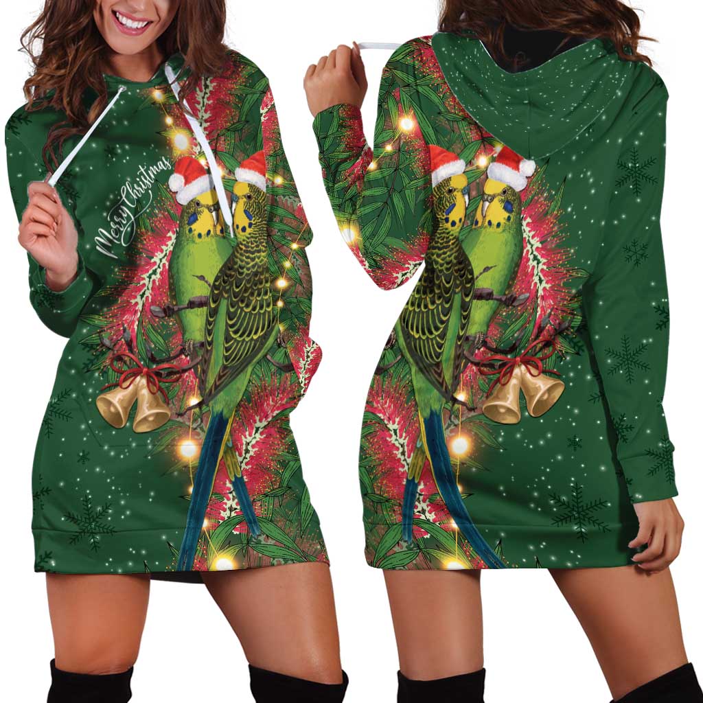 Green Budgerigars on Callistemon Hoodie Dress Merry Christmas Aussie - Aussie Hoodie