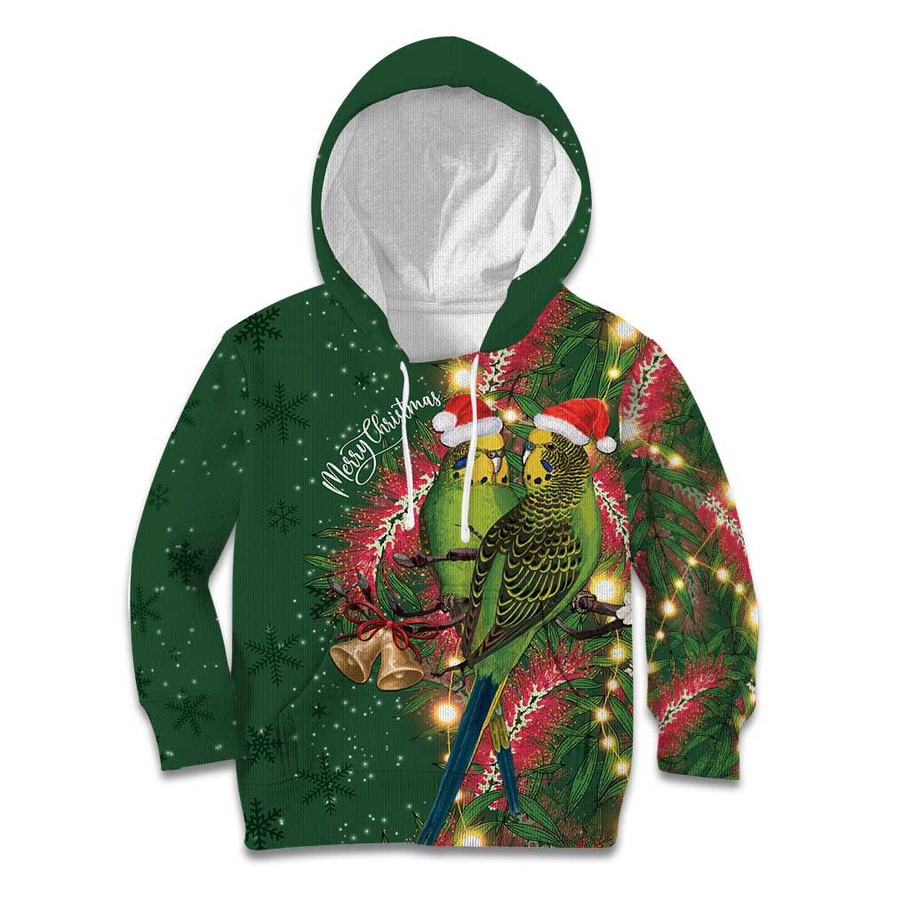 Green Budgerigars on Callistemon Kid Hoodie Merry Christmas Aussie - Aussie Hoodie