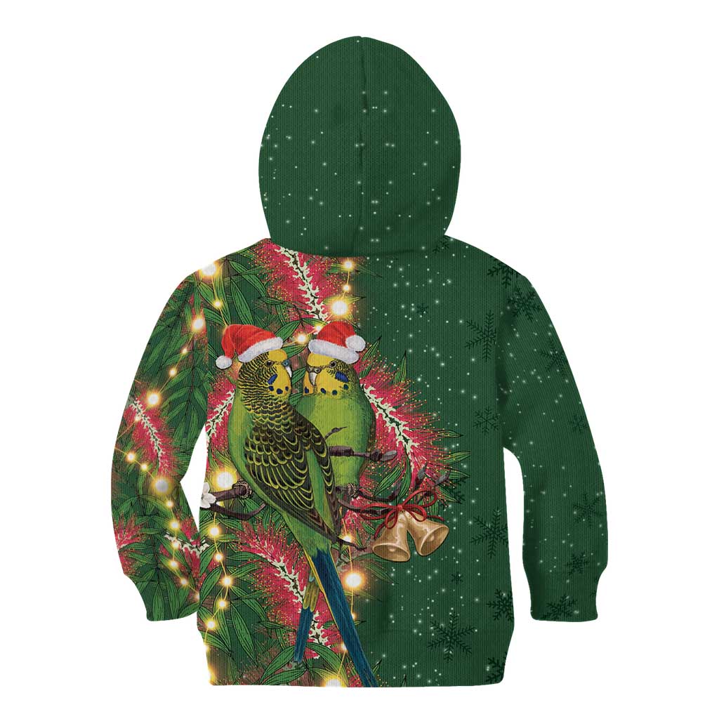Green Budgerigars on Callistemon Kid Hoodie Merry Christmas Aussie - Aussie Hoodie
