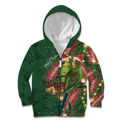 Green Budgerigars on Callistemon Kid Hoodie Merry Christmas Aussie - Aussie Hoodie