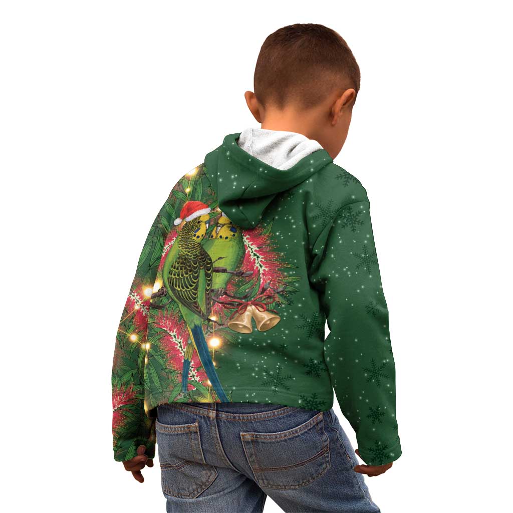 Green Budgerigars on Callistemon Kid Hoodie Merry Christmas Aussie - Aussie Hoodie