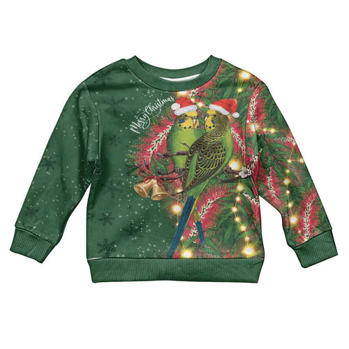 Green Budgerigars on Callistemon Merry Christmas Aussie Kid Ugly Christmas Sweater - Aussie Hoodie