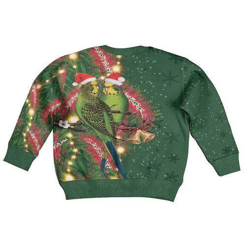 Green Budgerigars on Callistemon Merry Christmas Aussie Kid Ugly Christmas Sweater - Aussie Hoodie