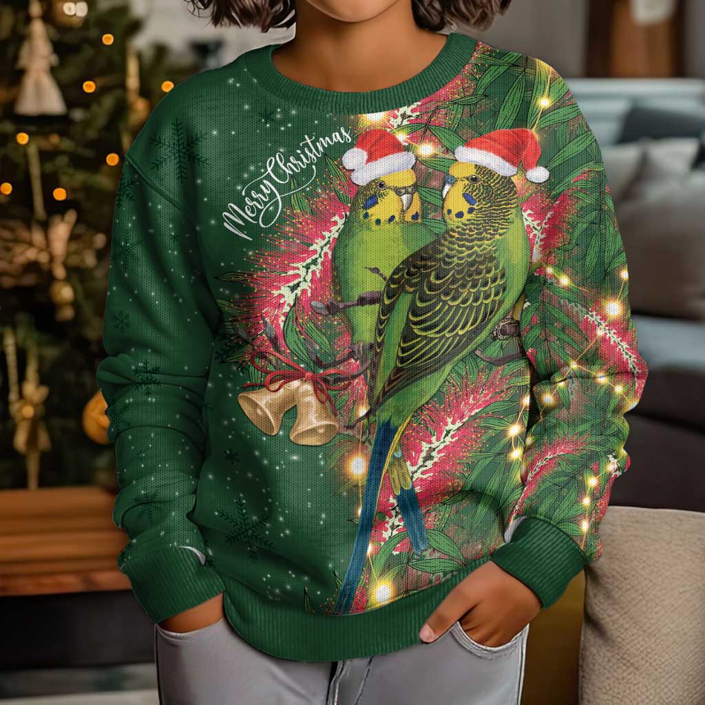 Green Budgerigars on Callistemon Merry Christmas Aussie Kid Ugly Christmas Sweater - Aussie Hoodie