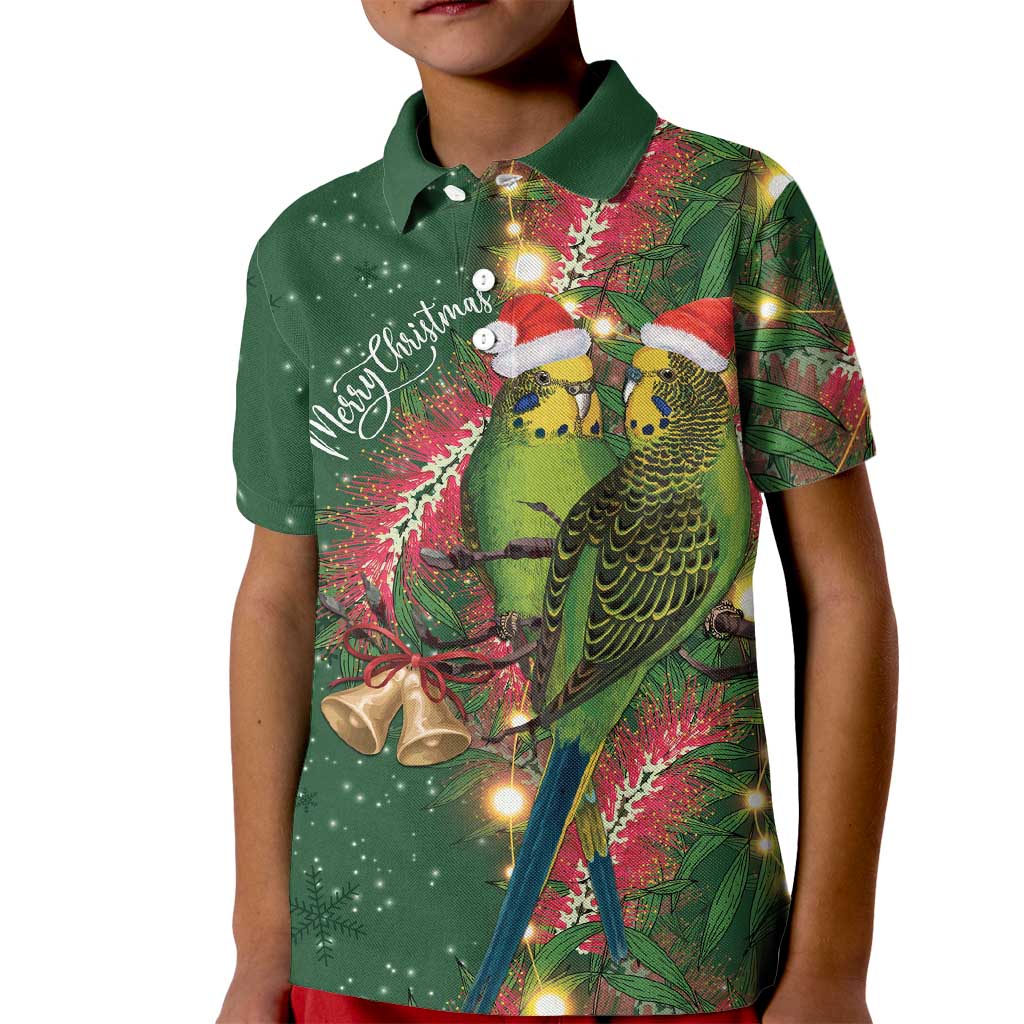 Green Budgerigars on Callistemon Kid Polo Shirt Merry Christmas Aussie - Aussie Hoodie