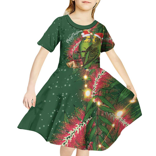Green Budgerigars on Callistemon Kid Short Sleeve Dress Merry Christmas Aussie - Aussie Hoodie